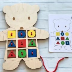 Eğitici Ahşap Ayıcık Oyunu ve İp Geçirme Çalışması Montessori