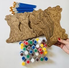 Zürafa Boyama Seti – 20 Ahşap Zürafa Figürü + 10 Boya + 20 Fırça | Eğlenceli Sanat Etkinliği