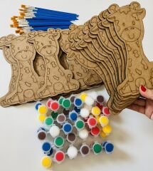 Zürafa Boyama Seti – 20 Ahşap Zürafa Figürü + 10 Boya + 20 Fırça | Eğlenceli Sanat Etkinliği
