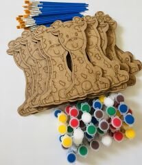 Zürafa Boyama Seti – 20 Ahşap Zürafa Figürü + 10 Boya + 20 Fırça | Eğlenceli Sanat Etkinliği
